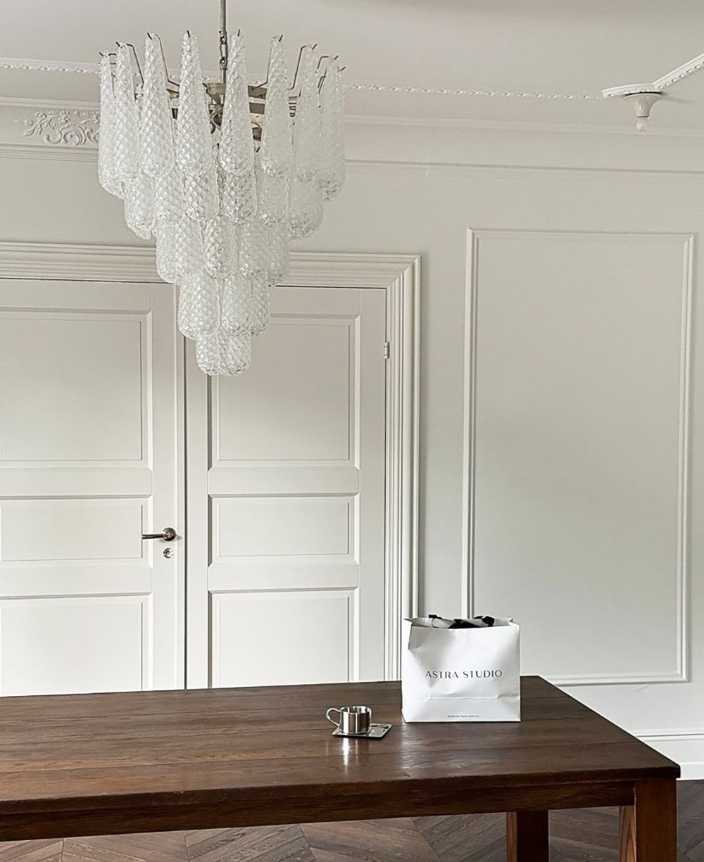 Elegant Glass Droplet Chandelier with Adjustable Height & LED Compatib