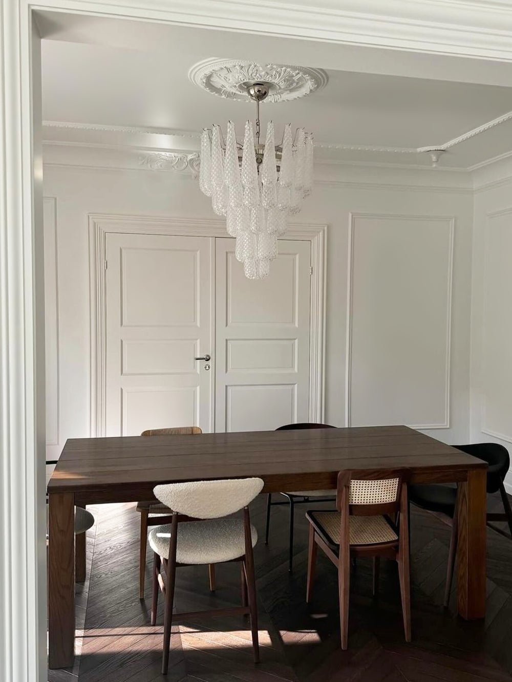 Elegant Glass Droplet Chandelier with Adjustable Height & LED Compatib