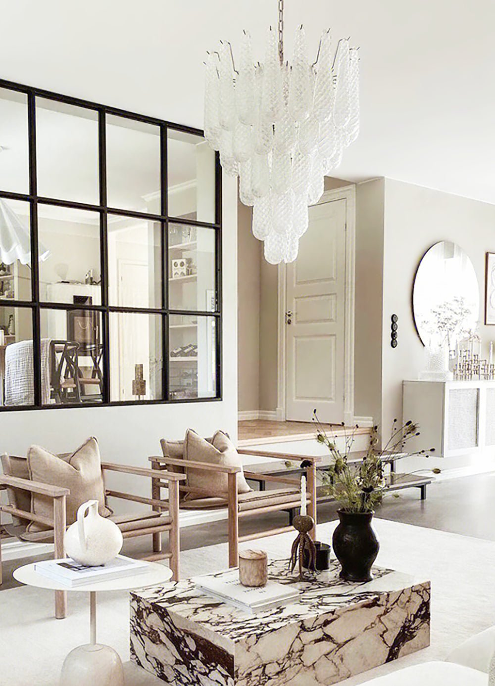 Elegant Glass Droplet Chandelier with Adjustable Height & LED Compatib