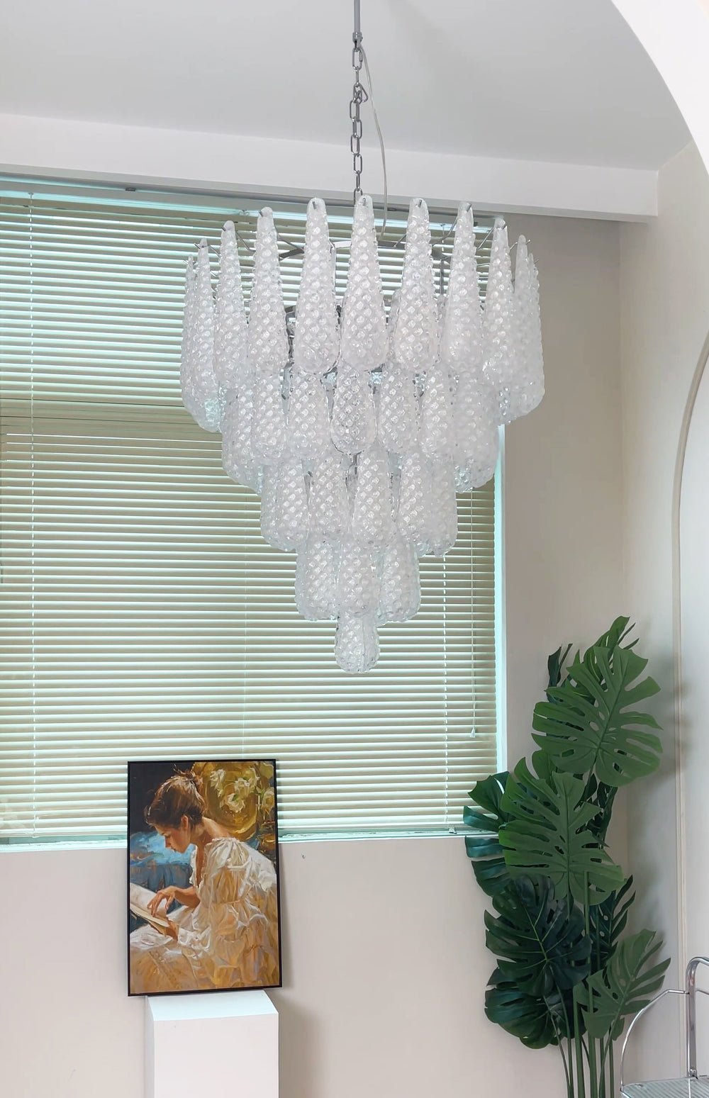 Elegant Glass Droplet Chandelier with Adjustable Height & LED Compatib