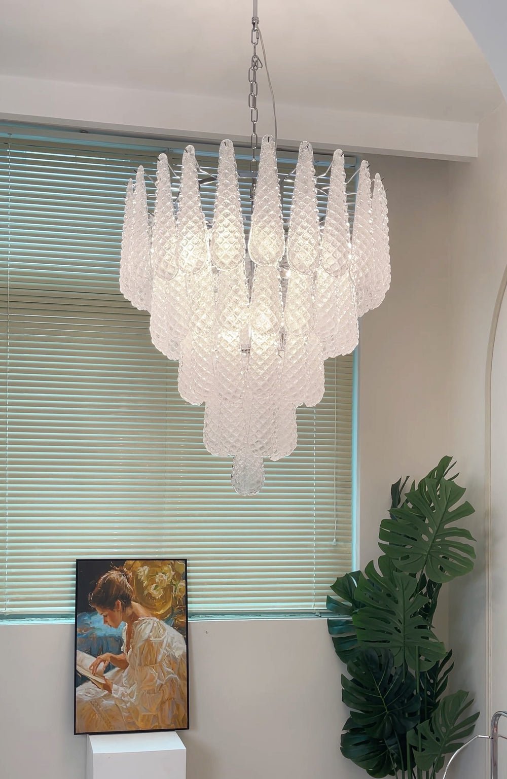 Elegant Glass Droplet Chandelier with Adjustable Height & LED Compatib