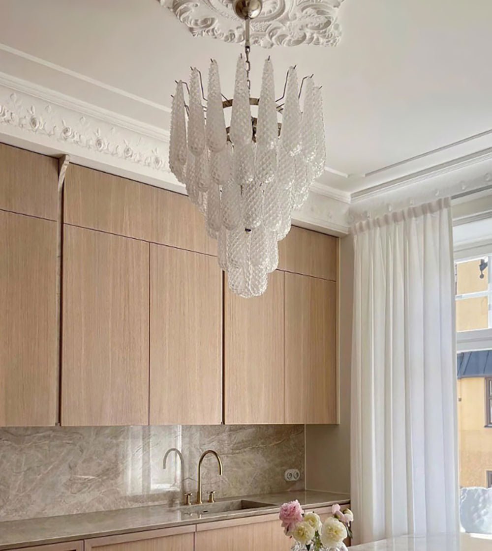 Elegant Glass Droplet Chandelier with Adjustable Height & LED Compatib