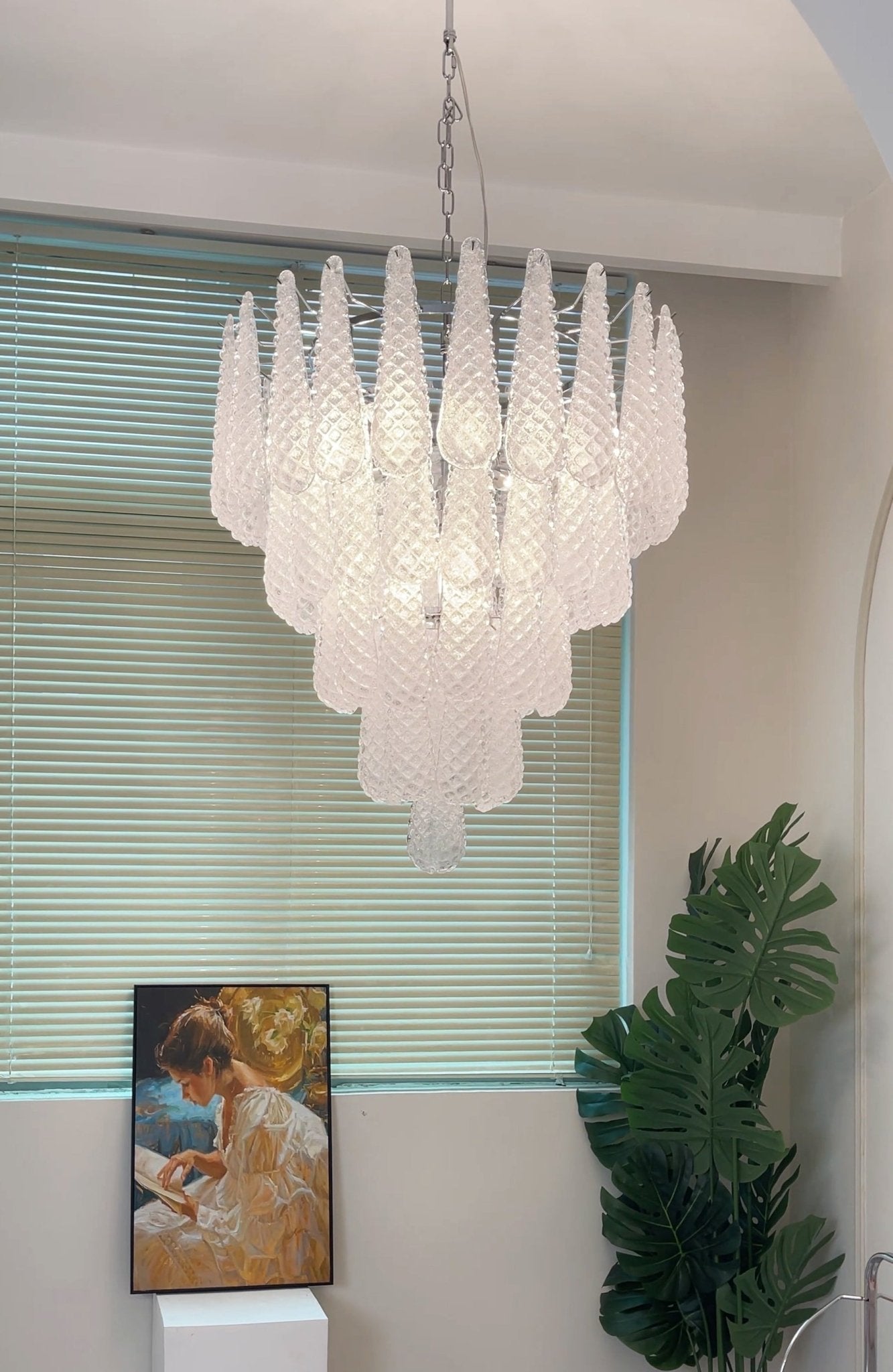 Elegant Glass Droplet Chandelier with Adjustable Height & LED Compatib