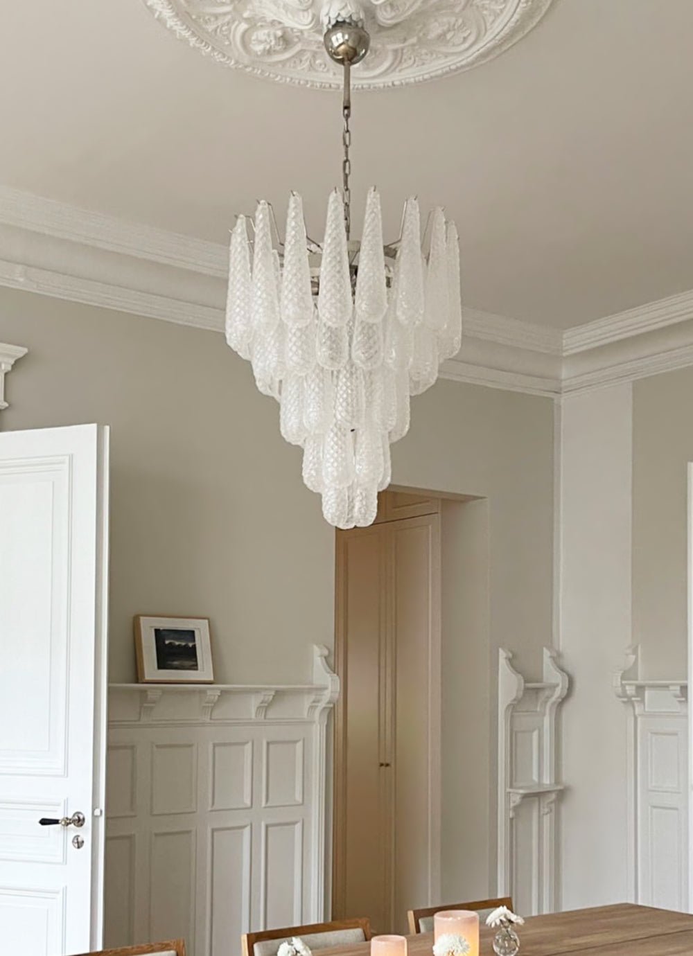 Elegant Glass Droplet Chandelier with Adjustable Height & LED Compatib