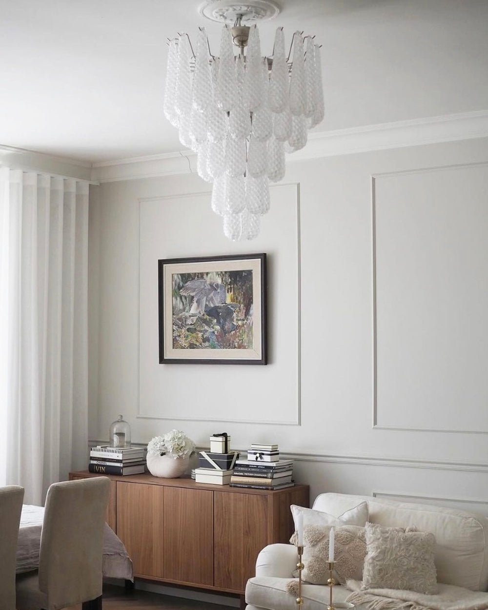 Elegant Glass Droplet Chandelier with Adjustable Height & LED Compatib
