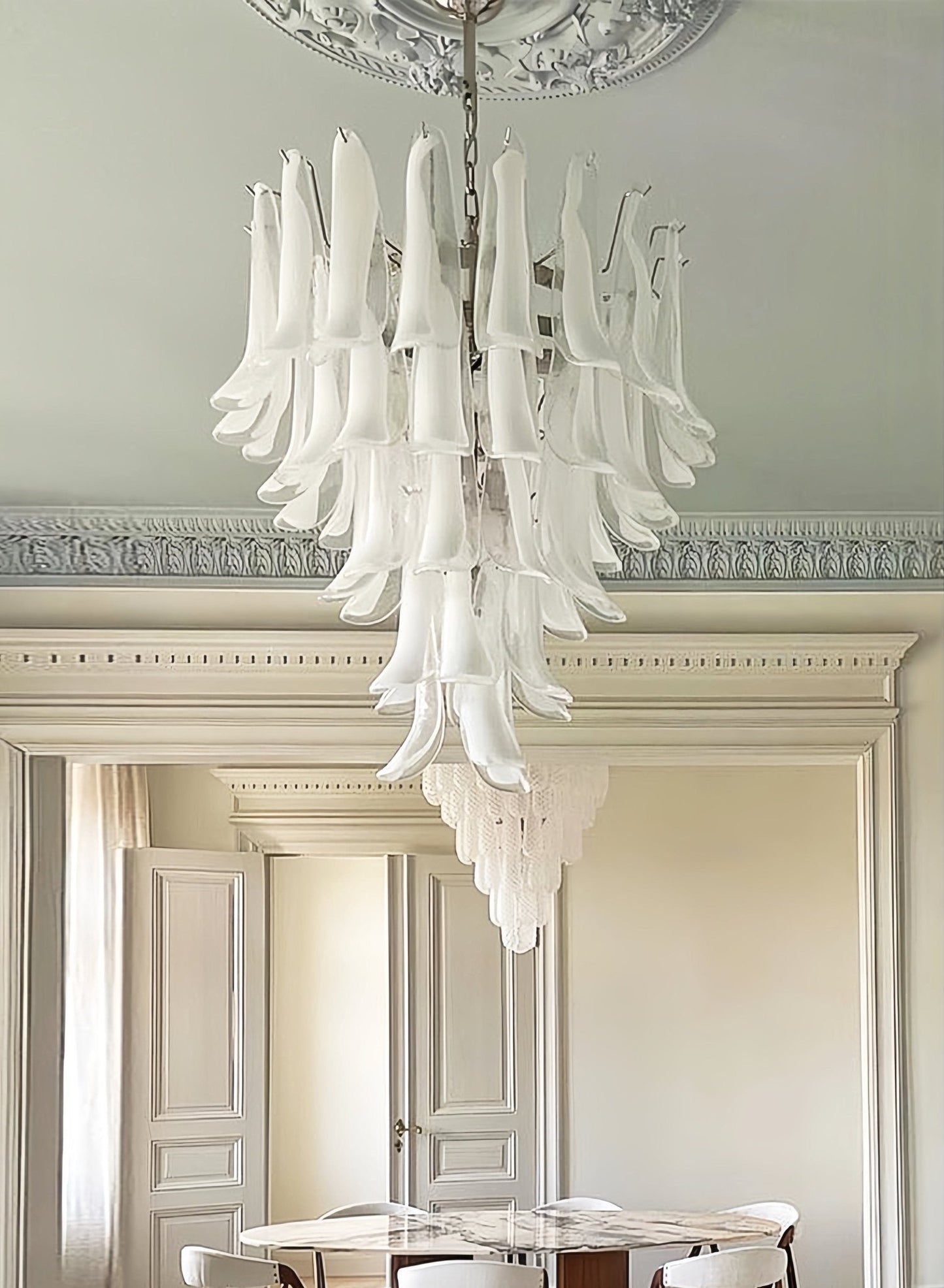 Elegant White Glass Petals Chandelier with Adjustable Height & Soft Il
