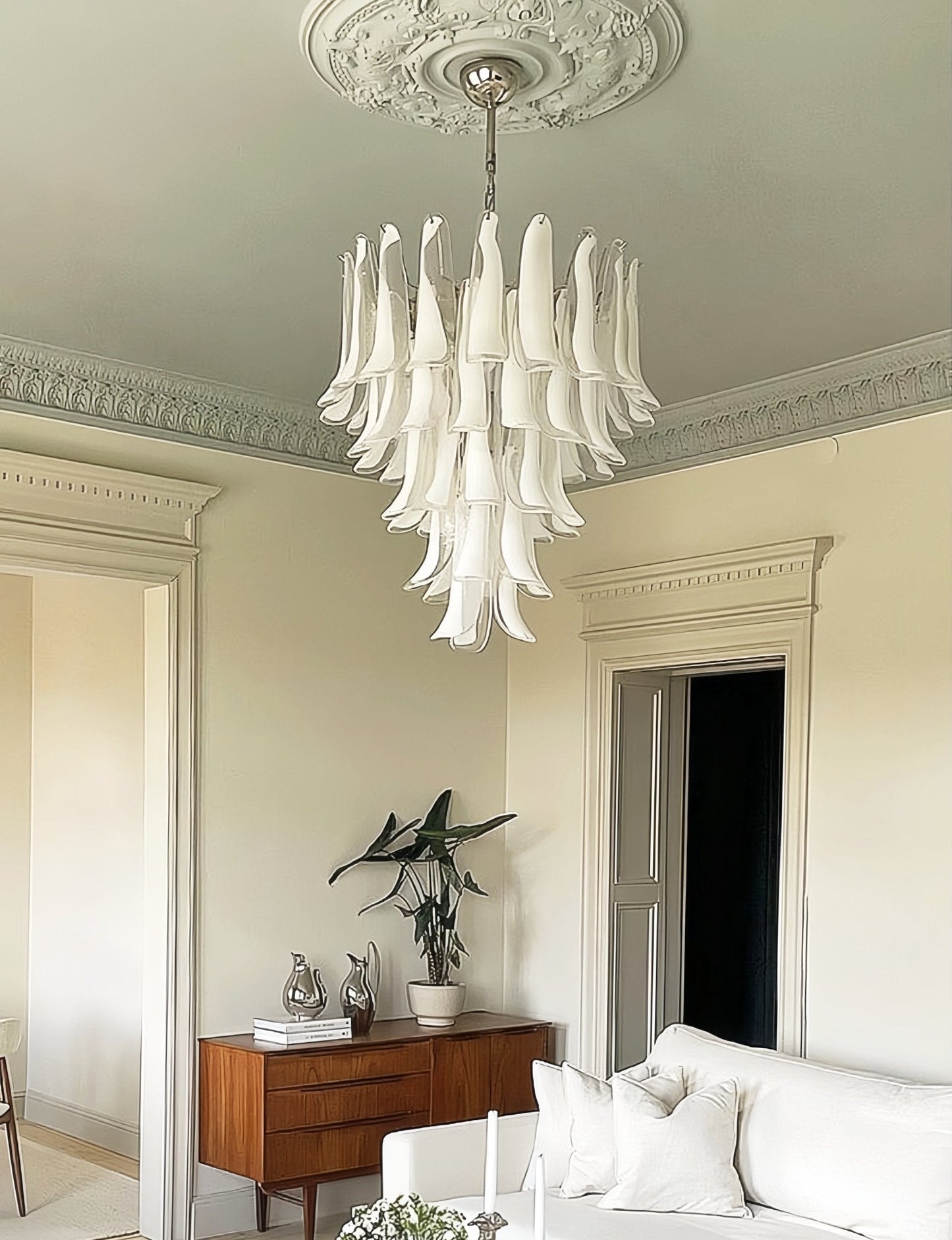 Elegant White Glass Petals Chandelier with Adjustable Height & Soft Il