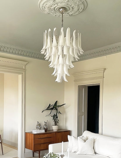 Elegant White Glass Petals Chandelier with Adjustable Height & Soft Il