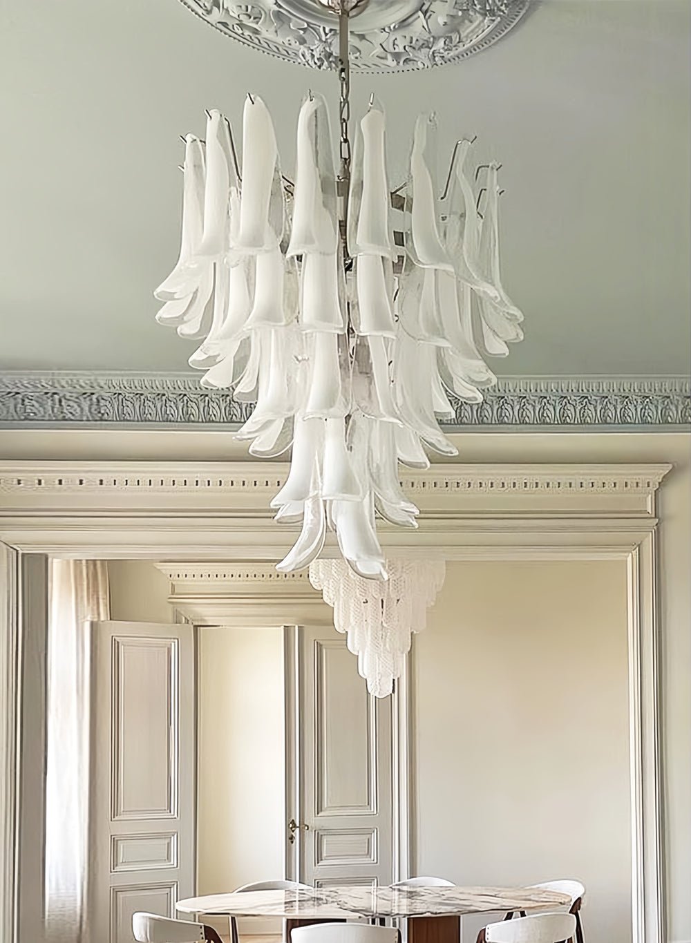 Elegant White Glass Petals Chandelier with Adjustable Height & Soft Il