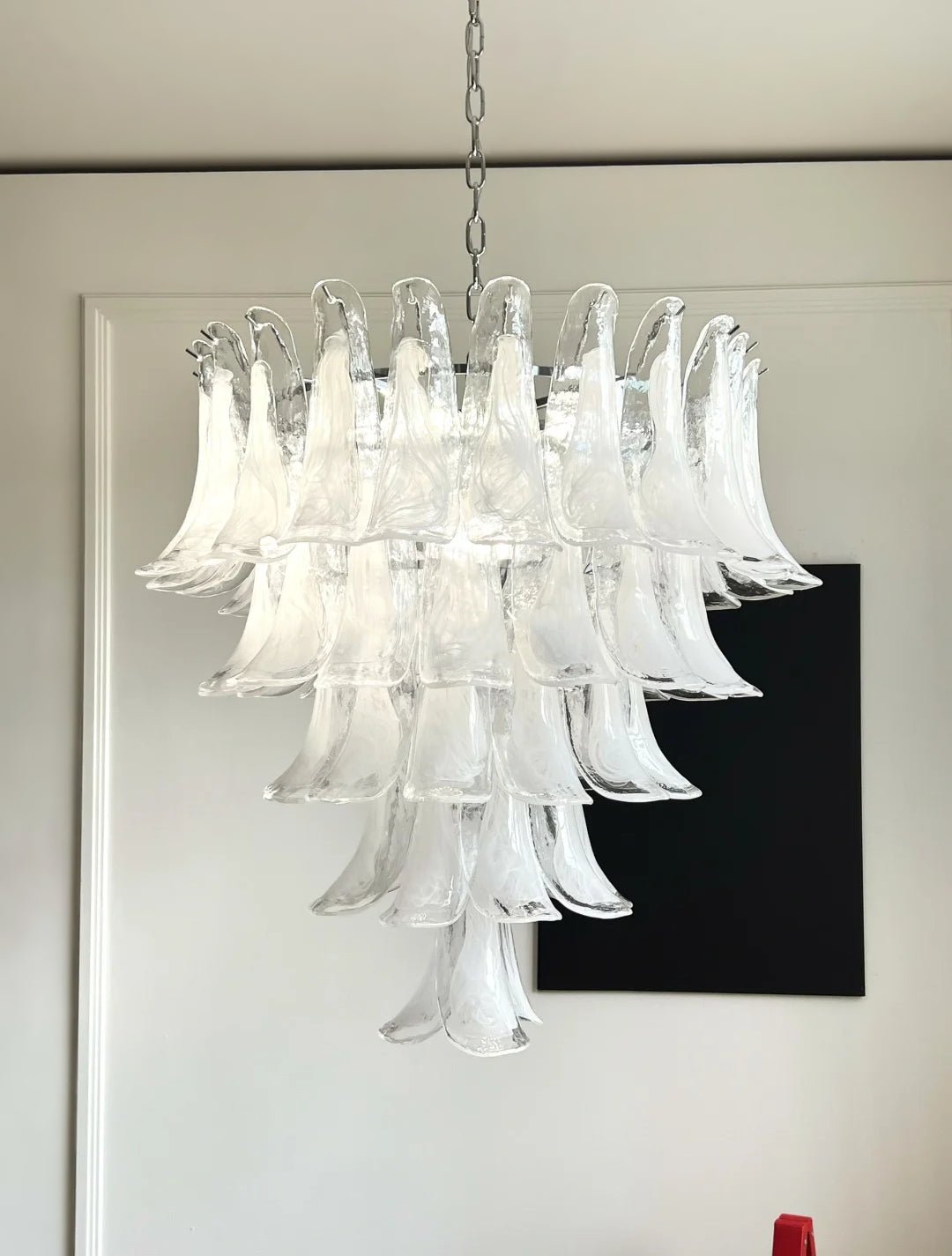 Elegant White Glass Petals Chandelier with Adjustable Height & Soft Il