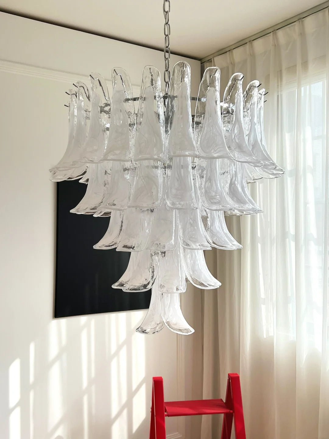 Elegant White Glass Petals Chandelier with Adjustable Height & Soft Il