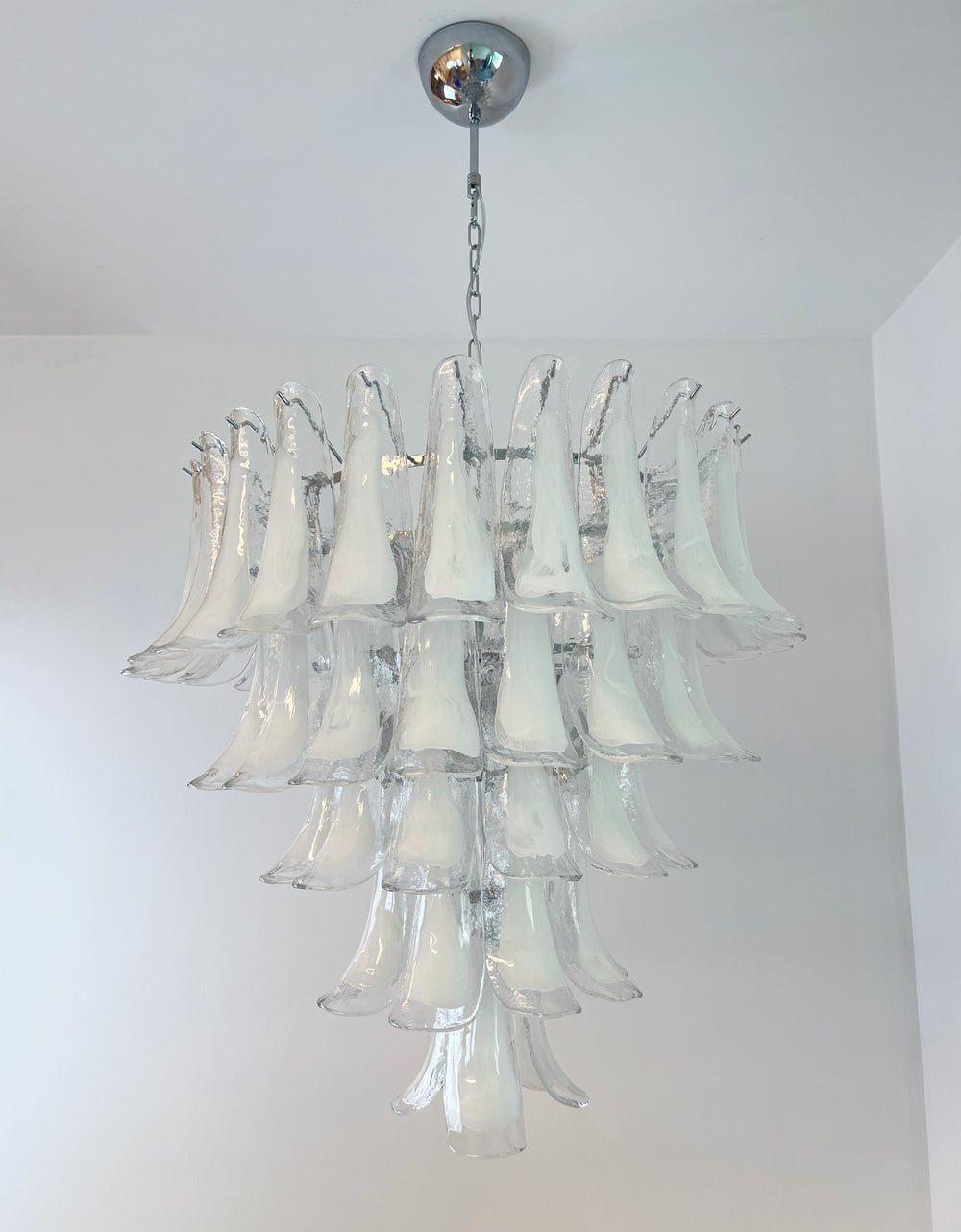 Elegant White Glass Petals Chandelier with Adjustable Height & Soft Il