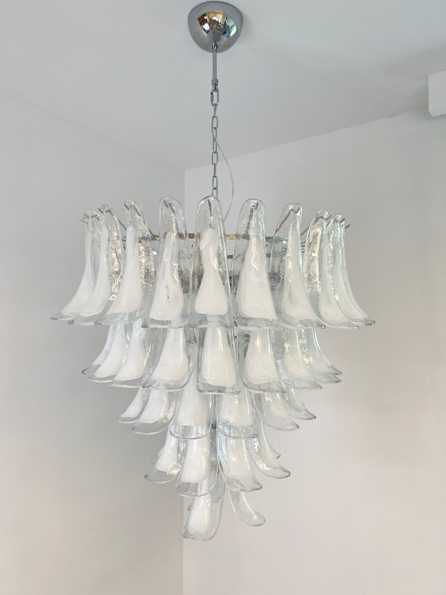 Elegant White Glass Petals Chandelier with Adjustable Height & Soft Il