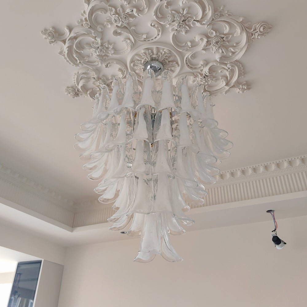 Elegant White Glass Petals Chandelier with Adjustable Height & Soft Il