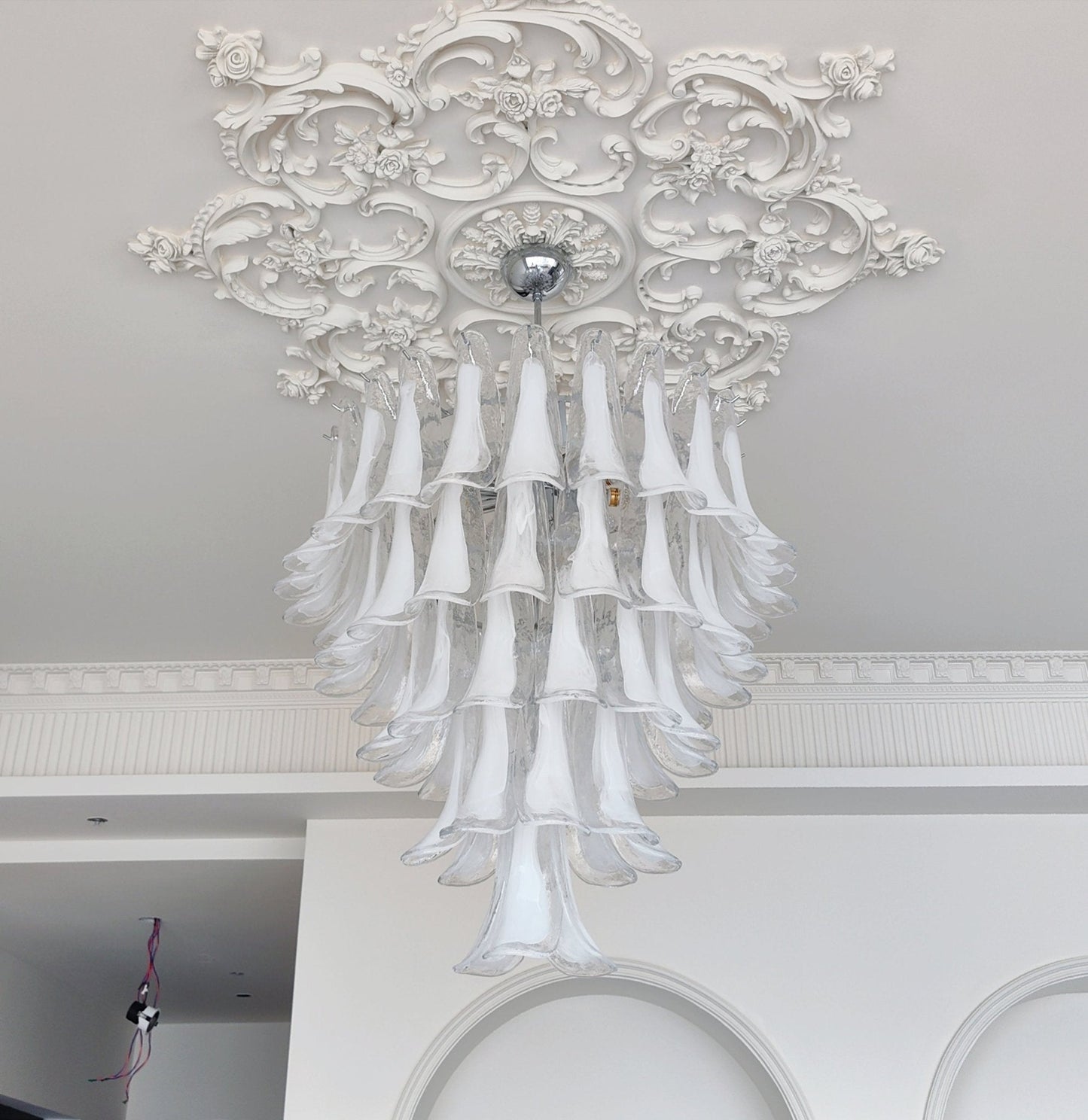Elegant White Glass Petals Chandelier with Adjustable Height & Soft Il