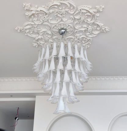 Elegant White Glass Petals Chandelier with Adjustable Height & Soft Il