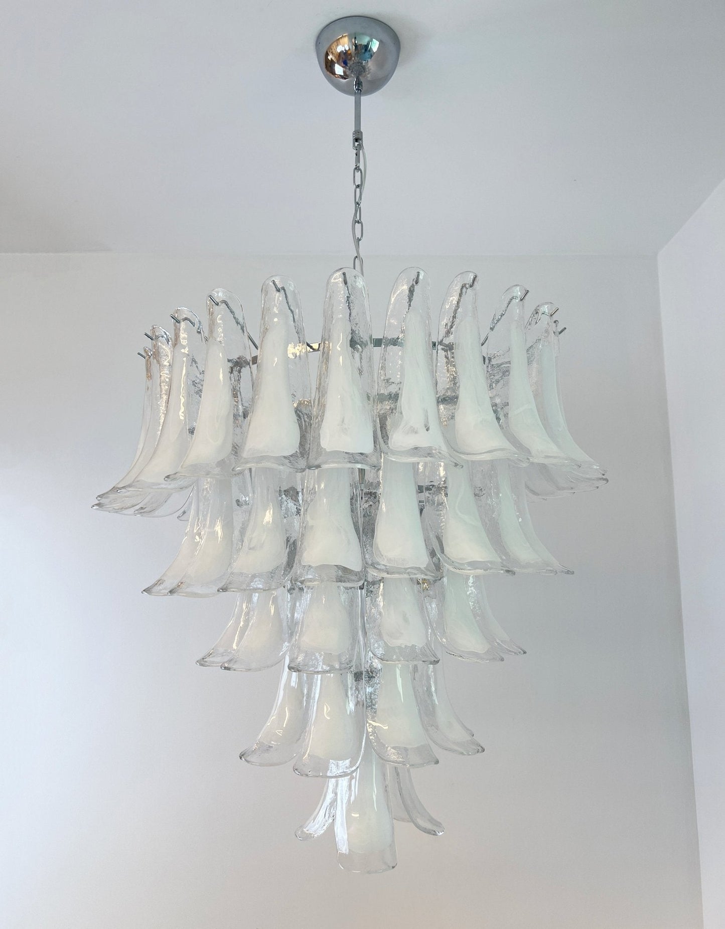 Elegant White Glass Petals Chandelier with Adjustable Height & Soft Il