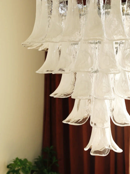 Elegant White Glass Petals Chandelier with Adjustable Height & Soft Il