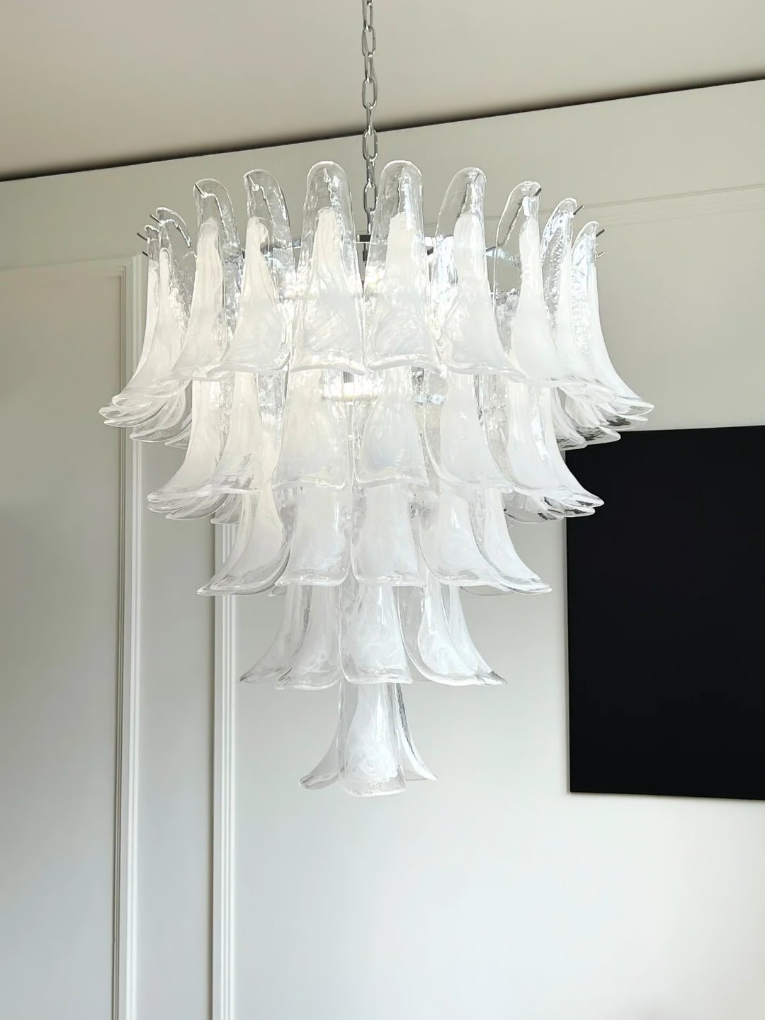 Elegant White Glass Petals Chandelier with Adjustable Height & Soft Il
