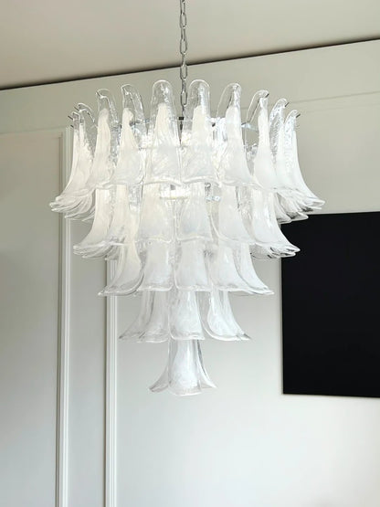Elegant White Glass Petals Chandelier with Adjustable Height & Soft Il