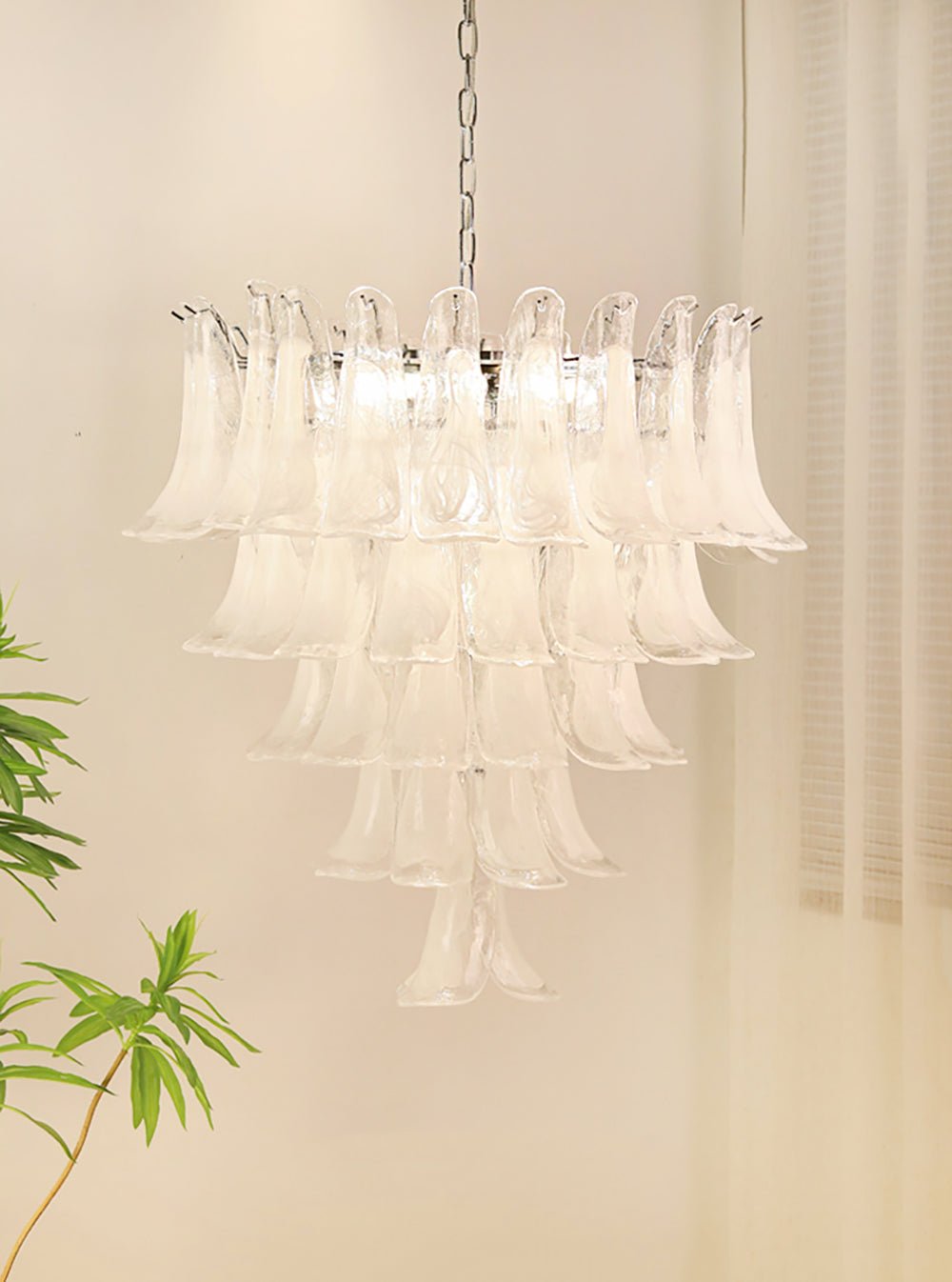 Elegant White Glass Petals Chandelier with Adjustable Height & Soft Il