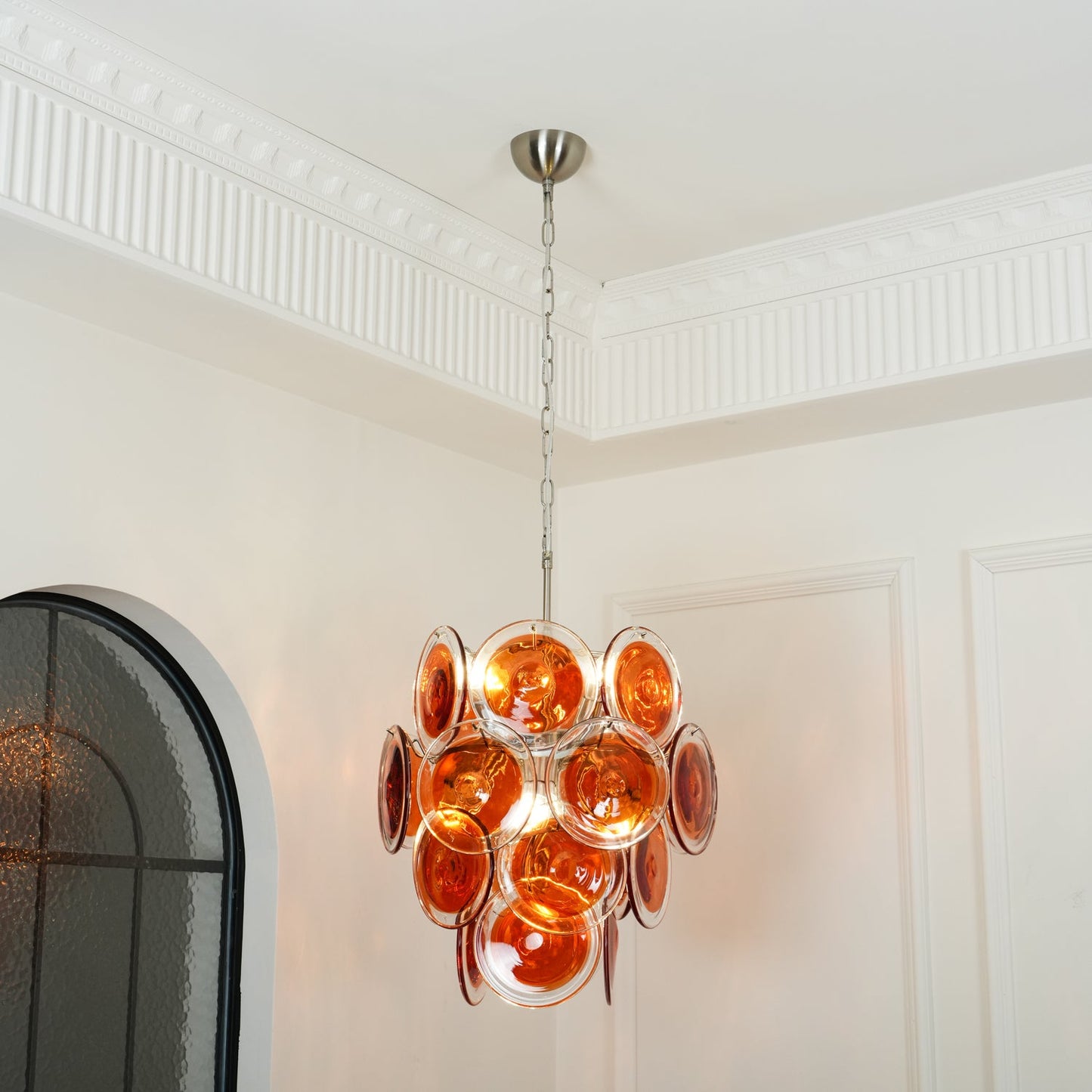 Elegant Orange Disk Glass Chandelier with Adjustable Height & Dimmer