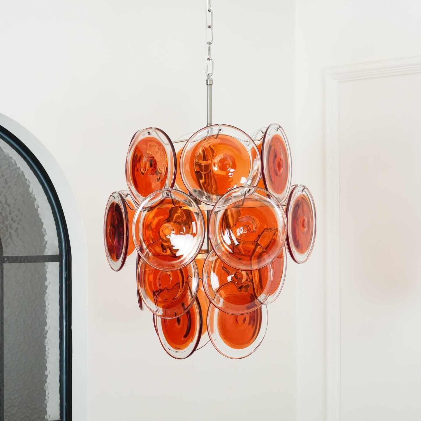 Elegant Orange Disk Glass Chandelier with Adjustable Height & Dimmer
