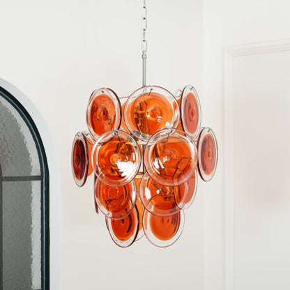 Elegant Orange Disk Glass Chandelier with Adjustable Height & Dimmer