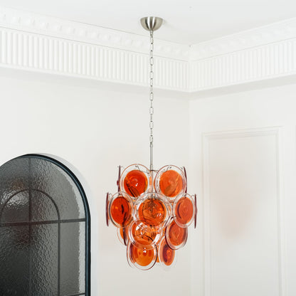 Elegant Orange Disk Glass Chandelier with Adjustable Height & Dimmer