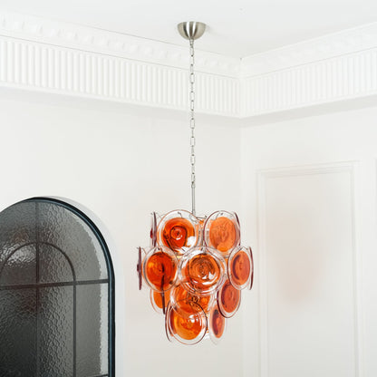 Elegant Orange Disk Glass Chandelier with Adjustable Height & Dimmer