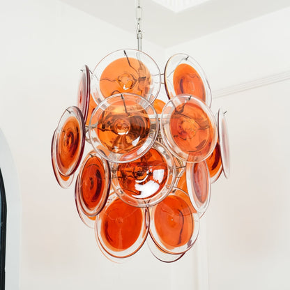 Elegant Orange Disk Glass Chandelier with Adjustable Height & Dimmer