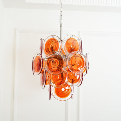 Elegant Orange Disk Glass Chandelier with Adjustable Height & Dimmer