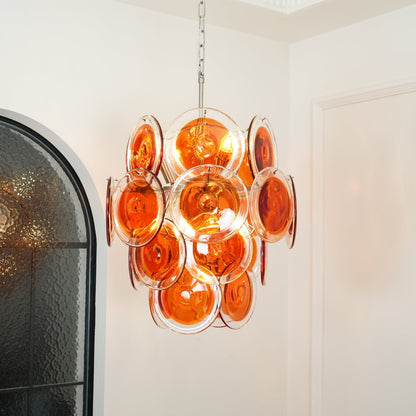 Elegant Orange Disk Glass Chandelier with Adjustable Height & Dimmer