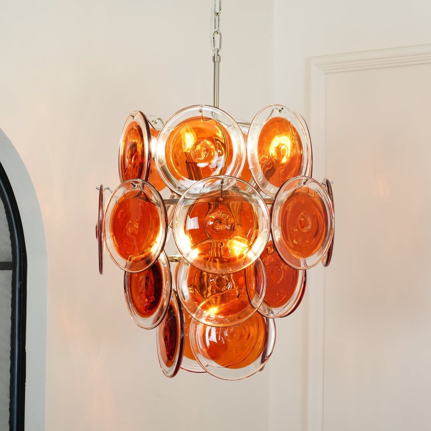 Elegant Orange Disk Glass Chandelier with Adjustable Height & Dimmer