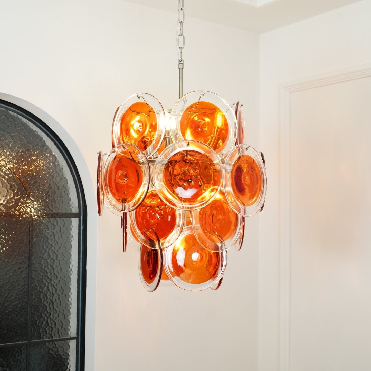 Elegant Orange Disk Glass Chandelier with Adjustable Height & Dimmer
