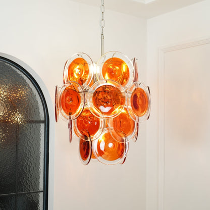 Elegant Orange Disk Glass Chandelier with Adjustable Height & Dimmer