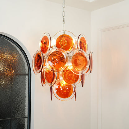 Elegant Orange Disk Glass Chandelier with Adjustable Height & Dimmer