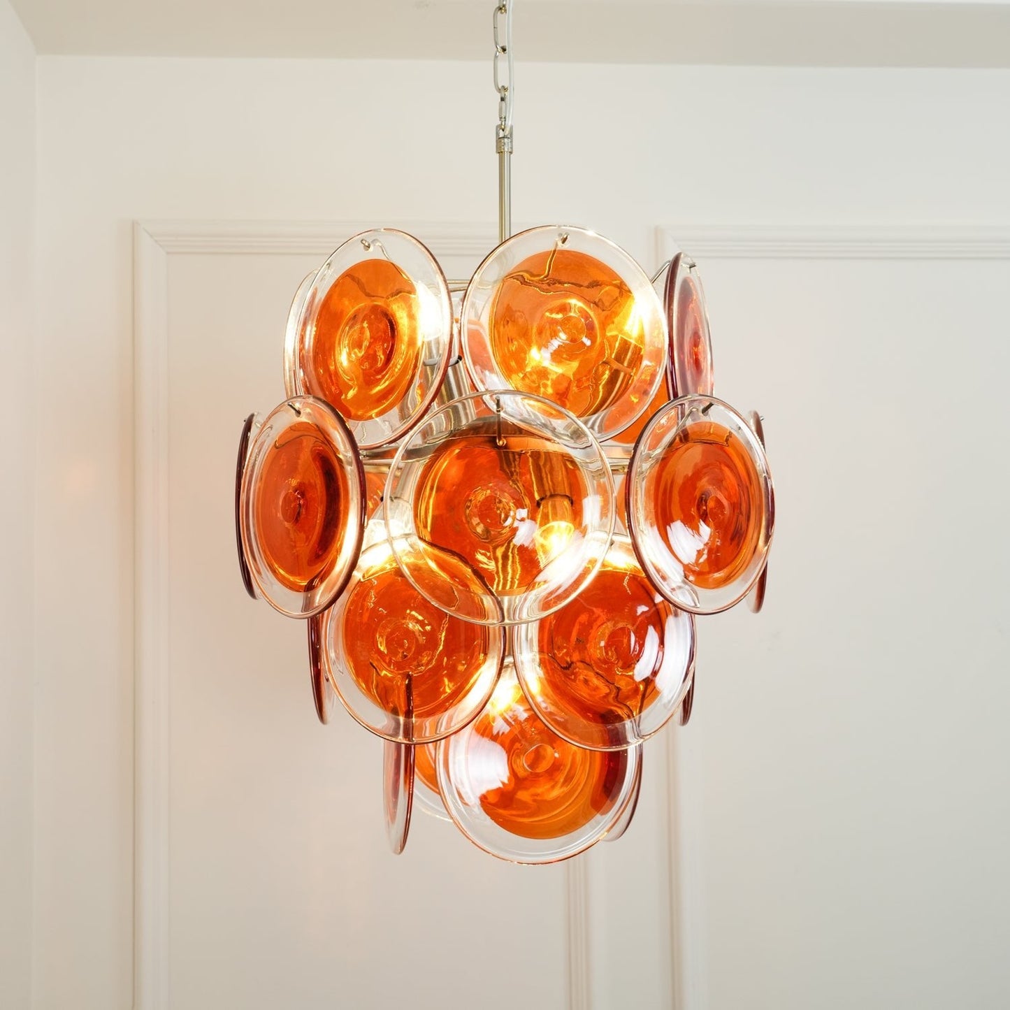 Elegant Orange Disk Glass Chandelier with Adjustable Height & Dimmer