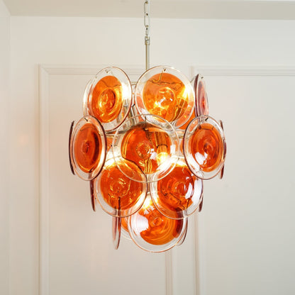 Elegant Orange Disk Glass Chandelier with Adjustable Height & Dimmer