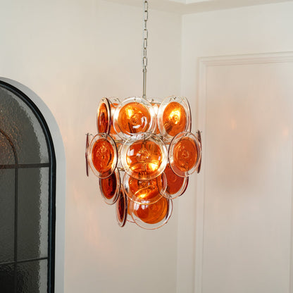 Elegant Orange Disk Glass Chandelier with Adjustable Height & Dimmer