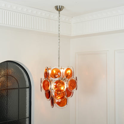 Elegant Orange Disk Glass Chandelier with Adjustable Height & Dimmer