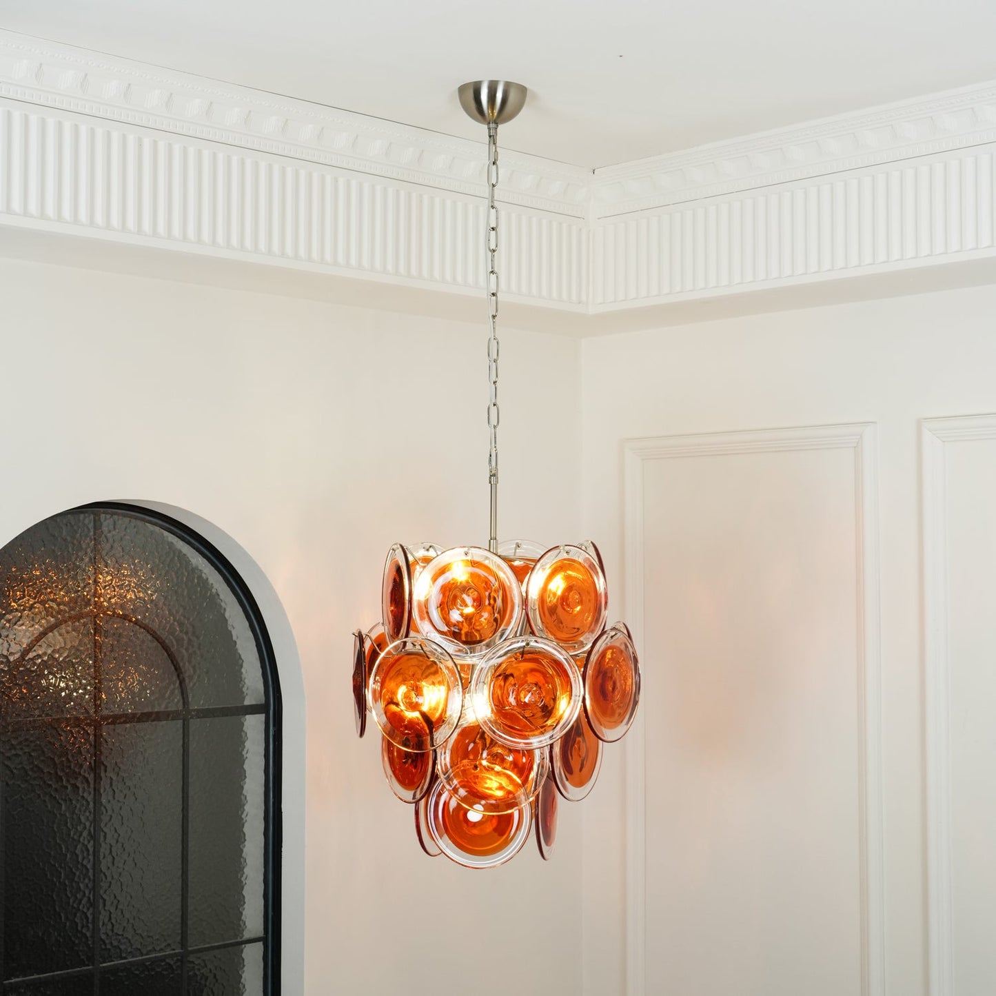 Elegant Orange Disk Glass Chandelier with Adjustable Height & Dimmer