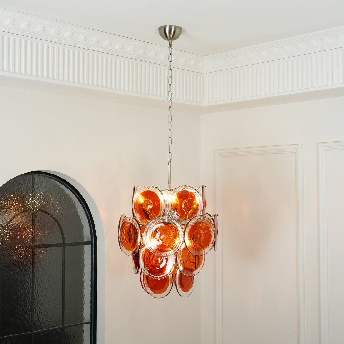 Elegant Orange Disk Glass Chandelier with Adjustable Height & Dimmer
