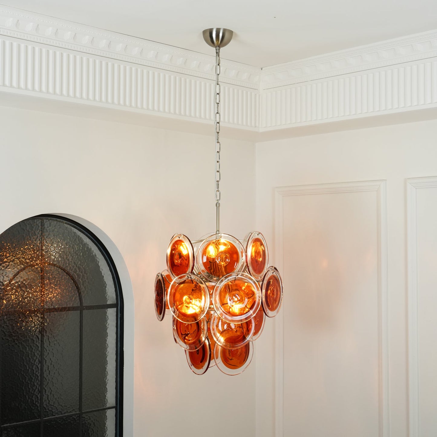 Elegant Orange Disk Glass Chandelier with Adjustable Height & Dimmer