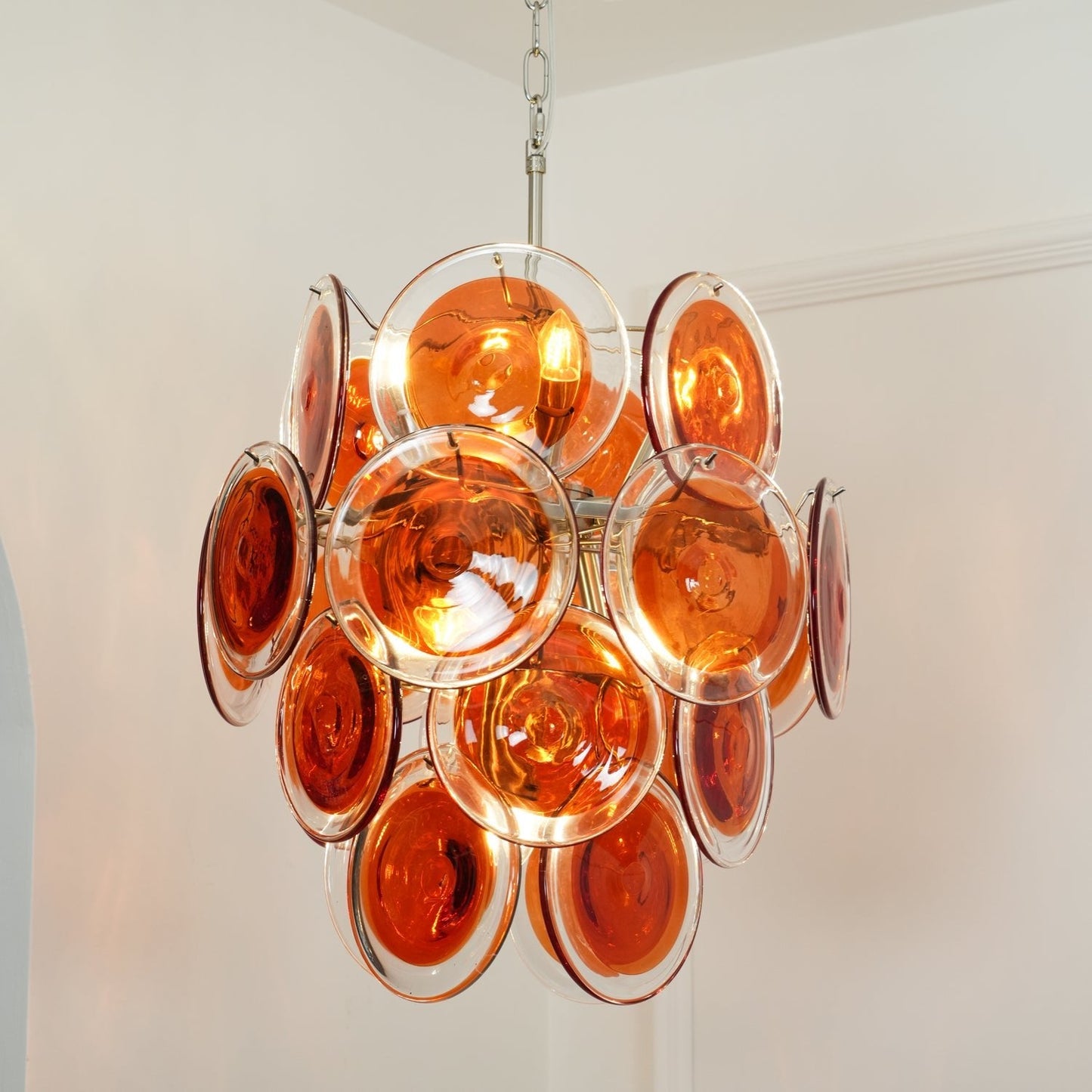 Elegant Orange Disk Glass Chandelier with Adjustable Height & Dimmer