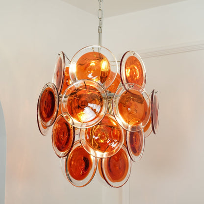 Elegant Orange Disk Glass Chandelier with Adjustable Height & Dimmer