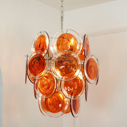 Elegant Orange Disk Glass Chandelier with Adjustable Height & Dimmer