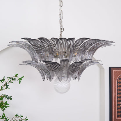 Transparent Glass Palmette Chandelier with Adjustable Height & LED Com