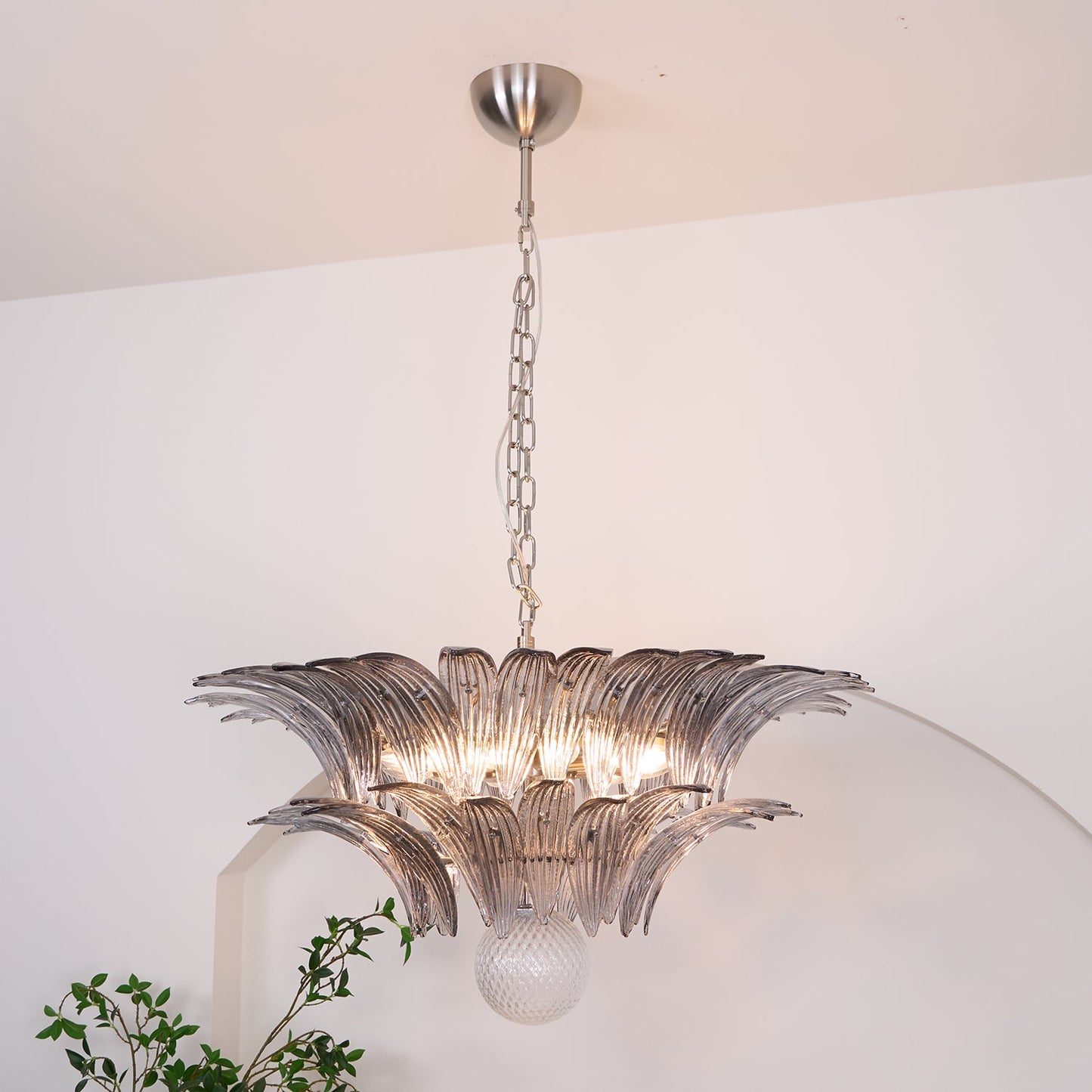 Transparent Glass Palmette Chandelier with Adjustable Height & LED Com