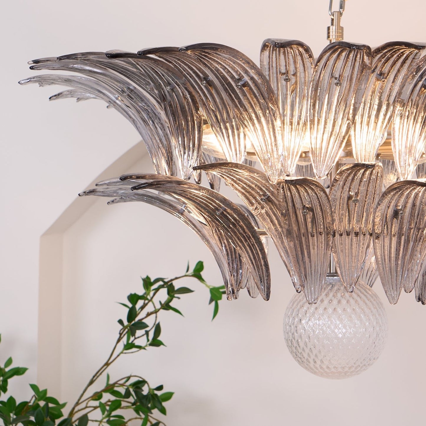 Transparent Glass Palmette Chandelier with Adjustable Height & LED Com